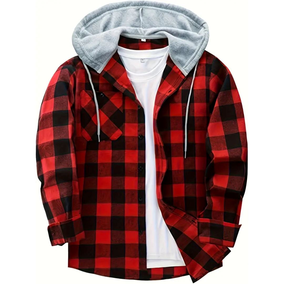 Men's Hooded Jacket Coat Plaid Cold Weather Blouse Men's Hooded Jacket Coat Plaid Cold Weather Blouse | GA Wovany Red S 